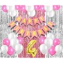 Flyloons 4th Birthday Decoration items for Girls with Pink and White Balloons, Pink Happy Birthday Banner, Pink and Silver Foil Curtain, Foil Balloon number 4