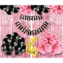 Flyloons 4th Birthday Decoration items for Girls with Black and Pink Balloons, Black Happy Birthday Banner, Pink Foil Curtain, Foil Balloon number 4