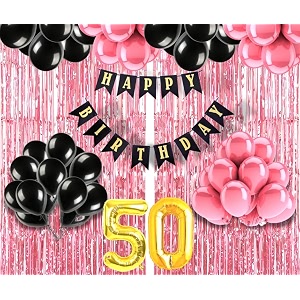 flyloons 50th birthday decoration items for girls with black and pink balloons black happy birthday banner pink foil curtain foil balloon number 50