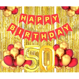 flyloons 50th birthday decoration items for girls boys husband wife valentine with gold and red balloons red happy birthday banner golden foil curtains foil balloon number 50