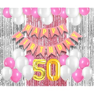 flyloons 50th birthday decoration items for girls with pink and white balloons pink happy birthday banner pink and silver foil curtain foil balloon number 50