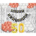 Flyloons 50th Birthday Decoration items for Girls with Rose Gold and White Balloons, Black Happy Birthday Banner, Silver Foil Curtain, Foil Balloon number 50