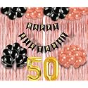 Flyloons 50th Birthday Decoration items for Girls with Black and Rose Gold Balloons, Black Happy Birthday Banner, Rose Gold Foil Curtain, Foil Balloon number 50