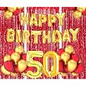 Flyloons 50th Birthday Decoration items for Girls Boys Husband Wife Valentine with Gold and Red Balloons, Golden Happy Birthday Banner, Red Foil curtains, Foil Balloon number 50