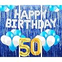 Flyloons 50th Birthday Decoration items for Girls with Blue and White Balloons, Silver Happy Birthday Banner, Blue Foil curtains, Foil Balloon number 50