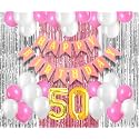 Flyloons 50th Birthday Decoration items for Girls with Pink and White Balloons, Pink Happy Birthday Banner, Pink and Silver Foil Curtain, Foil Balloon number 50
