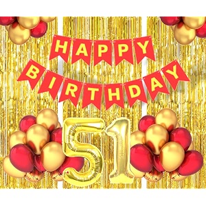 flyloons 51st birthday decoration items for girls boys husband wife valentine with gold and red balloons red happy birthday banner golden foil curtains foil balloon number 51