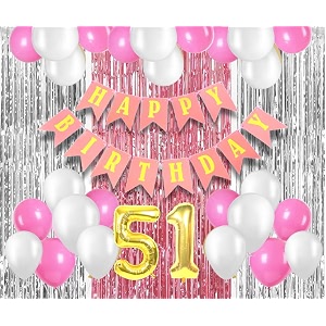 flyloons 51st birthday decoration items for girls with pink and white balloons pink happy birthday banner pink and silver foil curtain foil balloon number 51