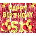 Flyloons 51st Birthday Decoration items for Girls Boys Husband Wife Valentine with Gold and Red Balloons, Golden Happy Birthday Banner, Red Foil curtains, Foil Balloon number 51