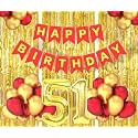 Flyloons 51st Birthday Decoration items for Girls Boys Husband Wife Valentine with Gold and Red Balloons, Red Happy Birthday Banner, Golden Foil curtains, Foil Balloon number 51