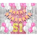Flyloons 51st Birthday Decoration items for Girls with Pink and White Balloons, Pink Happy Birthday Banner, Pink and Silver Foil Curtain, Foil Balloon number 51
