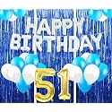 Flyloons 51st Birthday Decoration items for Girls with Blue and White Balloons, Silver Happy Birthday Banner, Blue Foil curtains, Foil Balloon number 51