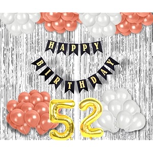 flyloons 52nd birthday decoration items for girls with rose gold and white balloons black happy birthday banner silver foil curtain foil balloon number 42