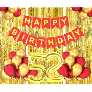 flyloons 52nd birthday decoration items for girls boys husband wife valentine with gold and red balloons red happy birthday banner golden foil curtains foil balloon number 42