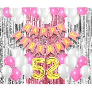 flyloons 52nd birthday decoration items for girls with pink and white balloons pink happy birthday banner pink and silver foil curtain foil balloon number 52