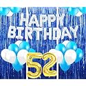 Flyloons 52nd Birthday Decoration items for Girls with Blue and White Balloons, Silver Happy Birthday Banner, Blue Foil curtains, Foil Balloon number 42