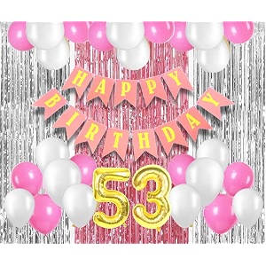 flyloons 53rd birthday decoration items for girls with pink and white balloons pink happy birthday banner pink and silver foil curtain foil balloon number 53