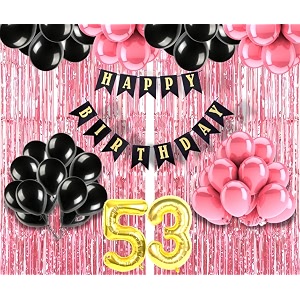 flyloons 53rd birthday decoration items for girls with black and pink balloons black happy birthday banner pink foil curtain foil balloon number 53