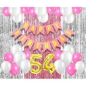 flyloons 54th birthday decoration items for girls with pink and white balloons pink happy birthday banner pink and silver foil curtain foil balloon number 54