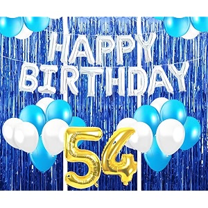 flyloons 54th birthday decoration items for girls with blue and white balloons silver happy birthday banner blue foil curtains foil balloon number 54