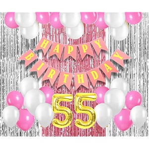 flyloons 55th birthday decoration items for girls with pink and white balloons pink happy birthday banner pink and silver foil curtain foil balloon number 55