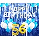 Flyloons 56th Birthday Decoration items for Girls with Blue and White Balloons, Silver Happy Birthday Banner, Blue Foil curtains, Foil Balloon number 56