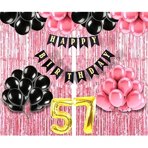flyloons 57th birthday decoration items for girls with black and pink balloons black happy birthday banner pink foil curtain foil balloon number 57