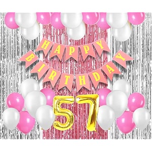 flyloons 57th birthday decoration items for girls with pink and white balloons pink happy birthday banner pink and silver foil curtain foil balloon number 57