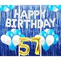 Flyloons 57th Birthday Decoration items for Girls with Blue and White Balloons, Silver Happy Birthday Banner, Blue Foil curtains, Foil Balloon number 57