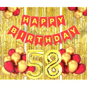 flyloons 58th birthday decoration items for girls boys husband wife valentine with gold and red balloons red happy birthday banner golden foil curtains foil balloon number 58