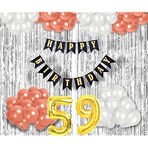 flyloons 59th birthday decoration items for girls with rose gold and white balloons black happy birthday banner silver foil curtain foil balloon number 59