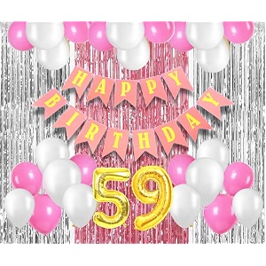 flyloons 59th birthday decoration items for girls with pink and white balloons pink happy birthday banner pink and silver foil curtain foil balloon number 59