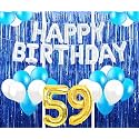 Flyloons 59th Birthday Decoration items for Girls with Blue and White Balloons, Silver Happy Birthday Banner, Blue Foil curtains, Foil Balloon number 59