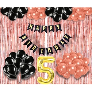 flyloons 5th birthday decoration items for girls with black and rose gold balloons black happy birthday banner rose gold foil curtain foil balloon number 5