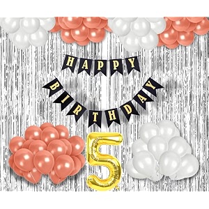 flyloons 5th birthday decoration items for girls with rose gold and white balloons black happy birthday banner silver foil curtain foil balloon number 5