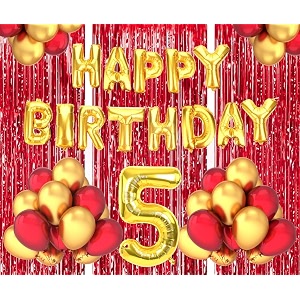 flyloons 5th birthday decoration items for girls boys husband wife valentine with gold and red balloons golden happy birthday banner red foil curtains foil balloon number 5