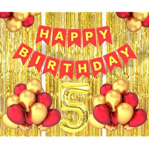 flyloons 5th birthday decoration items for girls boys husband wife valentine with gold and red balloons red happy birthday banner golden foil curtains foil balloon number 5