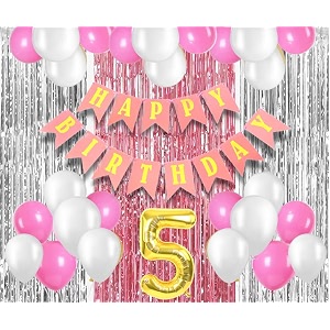 flyloons 5th birthday decoration items for girls with pink and white balloons pink happy birthday banner pink and silver foil curtain foil balloon number 5