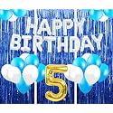 Flyloons 5th Birthday Decoration items for Girls with Blue and White Balloons, Silver Happy Birthday Banner, Blue Foil curtains, Foil Balloon number 5