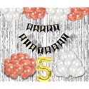 Flyloons 5th Birthday Decoration items for Girls with Rose Gold and White Balloons, Black Happy Birthday Banner, Silver Foil Curtain, Foil Balloon number 5