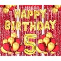 Flyloons 5th Birthday Decoration items for Girls Boys Husband Wife Valentine with Gold and Red Balloons, Golden Happy Birthday Banner, Red Foil curtains, Foil Balloon number 5