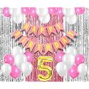 Flyloons 5th Birthday Decoration items for Girls with Pink and White Balloons, Pink Happy Birthday Banner, Pink and Silver Foil Curtain, Foil Balloon number 5