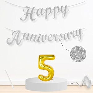 flyloons 5th happy anniversary banner silver decorations kit for men women wedding anniversary banner items without balloons