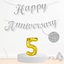 Flyloons 5th Happy Anniversary Banner Silver Decorations Kit for Men Women Wedding Anniversary Banner Items without Balloons