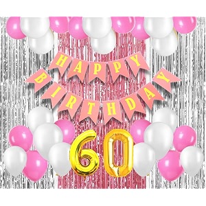 flyloons 60th birthday decoration items for girls with pink and white balloons pink happy birthday banner pink and silver foil curtain foil balloon number 60
