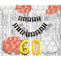 Flyloons 60th Birthday Decoration items for Girls with Rose Gold and White Balloons, Black Happy Birthday Banner, Silver Foil Curtain, Foil Balloon number 60