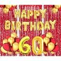 Flyloons 60th Birthday Decoration items for Girls Boys Husband Wife Valentine with Gold and Red Balloons, Golden Happy Birthday Banner, Red Foil curtains, Foil Balloon number 60