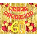 Flyloons 60th Birthday Decoration items for Girls Boys Husband Wife Valentine with Gold and Red Balloons, Red Happy Birthday Banner, Golden Foil curtains, Foil Balloon number 60