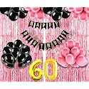 Flyloons 60th Birthday Decoration items for Girls with Black and Pink Balloons, Black Happy Birthday Banner, Pink Foil Curtain, Foil Balloon number 60
