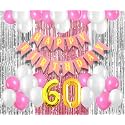 Flyloons 60th Birthday Decoration items for Girls with Pink and White Balloons, Pink Happy Birthday Banner, Pink and Silver Foil Curtain, Foil Balloon number 60